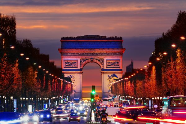 Paris,France,Arc de Triomphe over traffic at night, Paris, Ile-de-France, France
