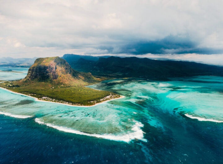 A bird's-eye view of Le Morne Brabant, a UNESCO world heritage site.Coral reef of the island of Mauritius.Storm cloud