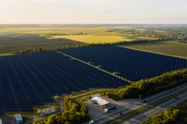 Aerial top view of a solar panels power plant