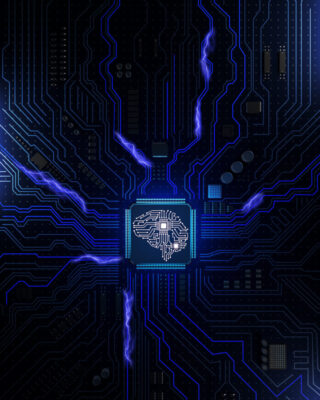 Computer circuit board socket in the form of the human brain. 3D illustration