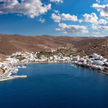 Merihas port aerial drone view in the morning. Greece, Kythnos island, Cyclades.
