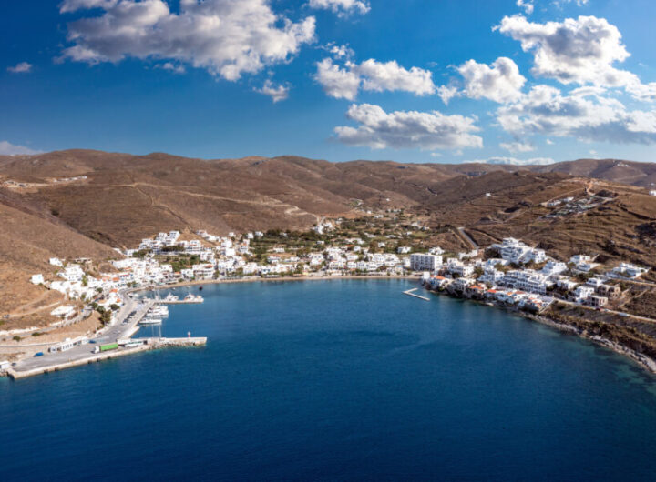 Merihas port aerial drone view in the morning. Greece, Kythnos island, Cyclades.