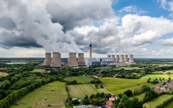 Aerial landscape view of Drax Power Station with pollution emissions