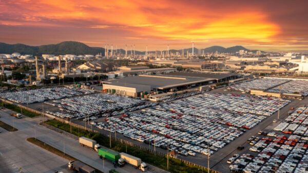 Aerial view a lot of new car for import and export shipping by s