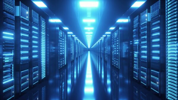 Data center with endless servers. Network and information servers behind glass panels. Cloud computing data storage. 4K high quality loop animation